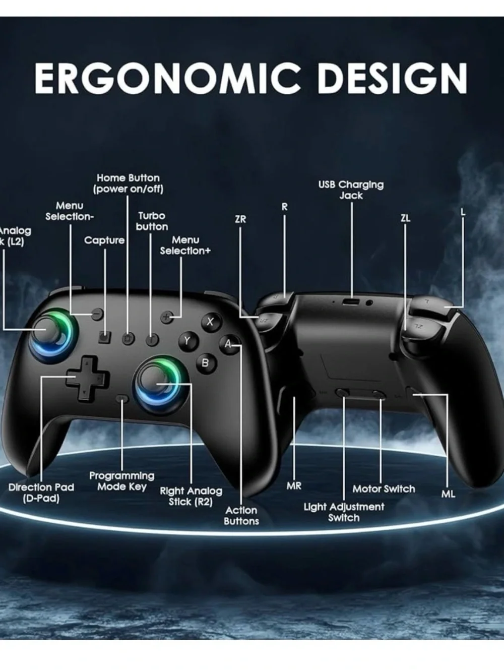 Wireless Black Game Controller with RGB Joystick Accent